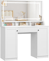 Dripex Dressing Table with Large Mirror and LED Lights, Bedroom Makeup Vanity Desk with Power Strip, 3-Color Dimmable Lights, 1 Drawer, 2 Cabinets, 3 Open Compartments, 110 x 40 x 135cm, White