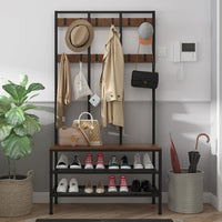 Dripex Large Coat Rack Stand Industrial Coat Stand with 12 Hooks and Shoe Bench Clothes Hat Rack Shelf Metal Frame for Bedroom Living Room Hallway