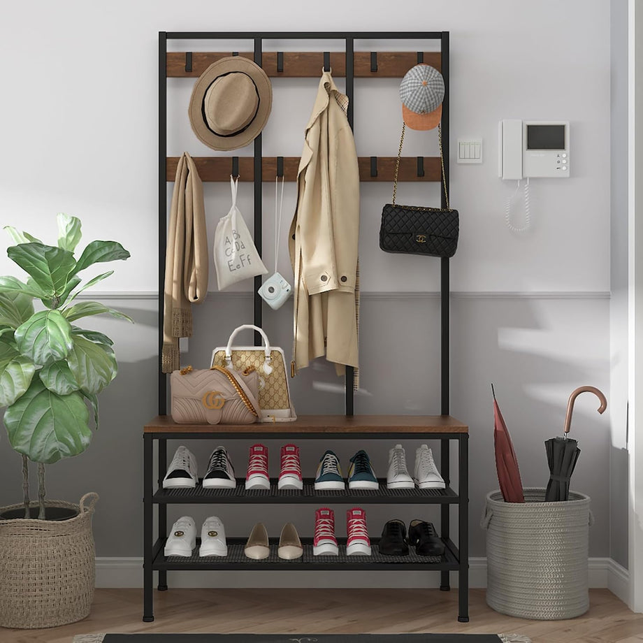 Dripex Large Coat Rack Stand Industrial Coat Stand with 12 Hooks and Shoe Bench Clothes Hat Rack Shelf Metal Frame for Bedroom Living Room Hallway