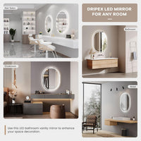 Dripex Clock Display Oval Bathroom LED Mirror, LED Mirror Bathroom with Light, Illuminated Backlit Wall Mounted Mirror with Demister, Anti-fog, 3 Lighting Modes, Dimming Light, IP44