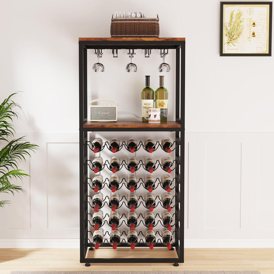 Dripex Wine Rack Free Standing Floor for Liquor and Glasses, 6-Tier Display Wine Bottles Storage Shelves with 2 Tier Wooden Shelves, Sturdy Metal Bottle Holder for Kitchen Bar Pantry