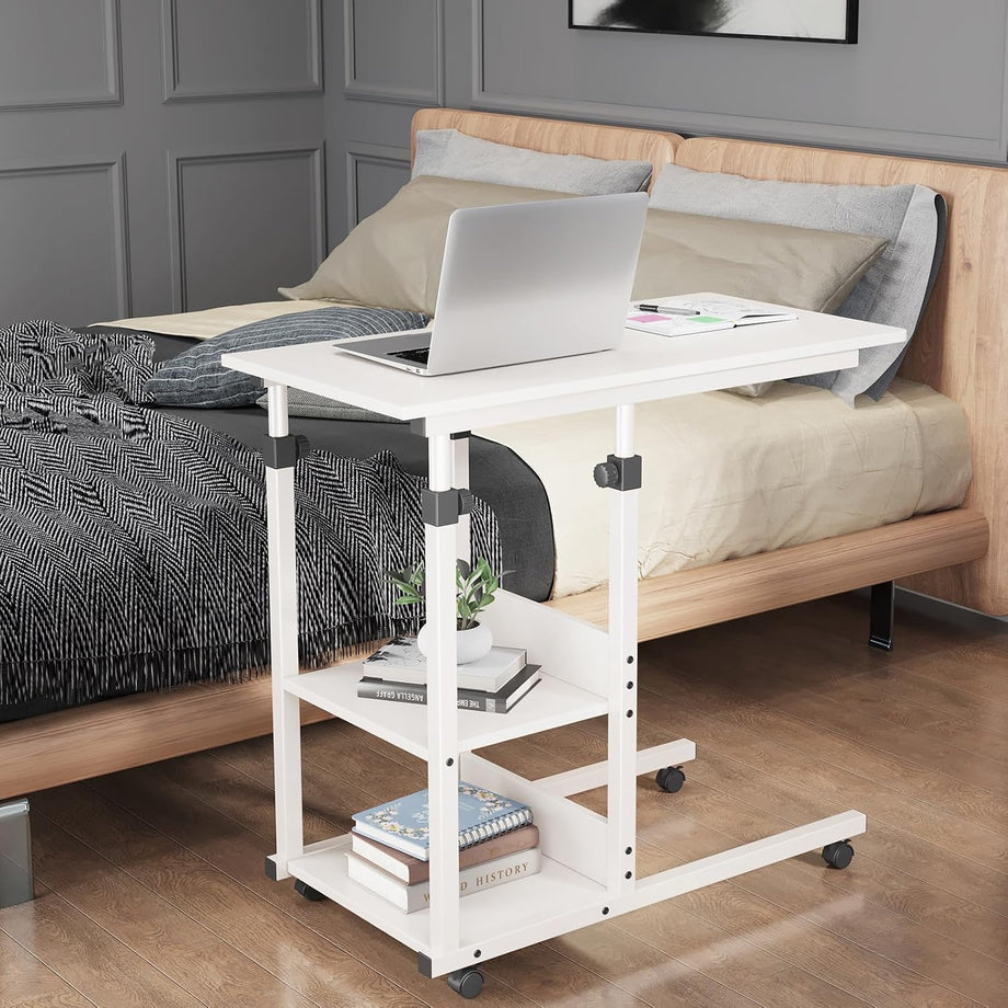 Dripex C Shaped Side Table, 80 x 40 x 68-89 cm Height Adjustable Overbed table with Wheels, Sofa Bedside Laptop Table with 2 Tiers Storage Shelves, Coffee Snack Table for Living Room, Bedroom