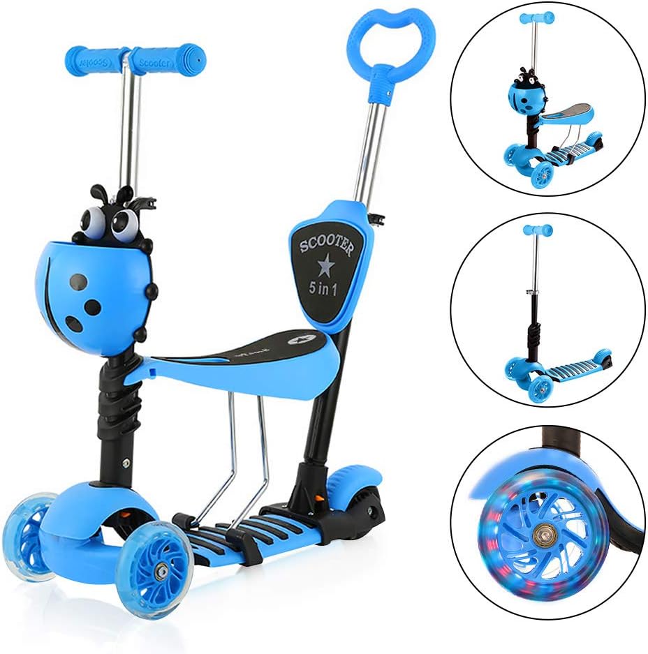 5 1 Scooter Scooter Flashing Led Light Up Wheels 3 Wheels Kick Scooter Adjustable Handlebar Removable Seat Push Handle
