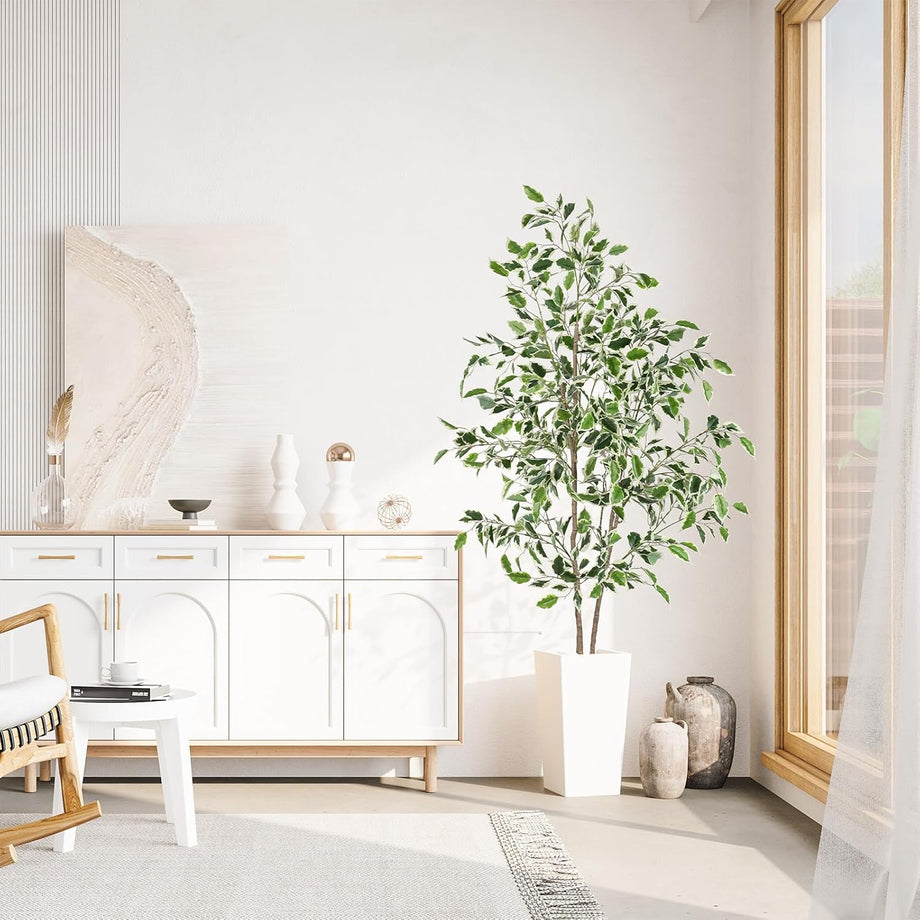 YOLEO 5FT Artificial Ficus Tree with White Tall Planter, Lifelike Fake Silk Tree Indoor, Faux Ficus Tall Plant for Living Room Bedroom Balcony Corner Office Decor