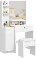 Dripex Dressing Table with Large Mirror, Bedroom Makeup Vanity Desk with Soft Stool, Vanity Desk Set with 2 Drawer, 1 Cabinets, 6 Open Storage Compartments, for Bedroom, White
