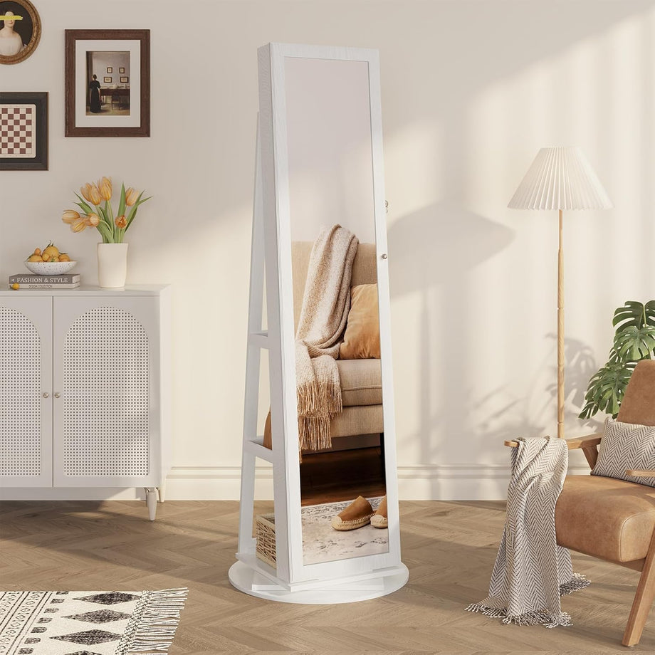 Dripex Jewelry Organiser Mirror Wardrobe, 360° Swivel Jewelry Storage, Lockable, 3 in 1 Free Standing Mirror with Storage Shelves