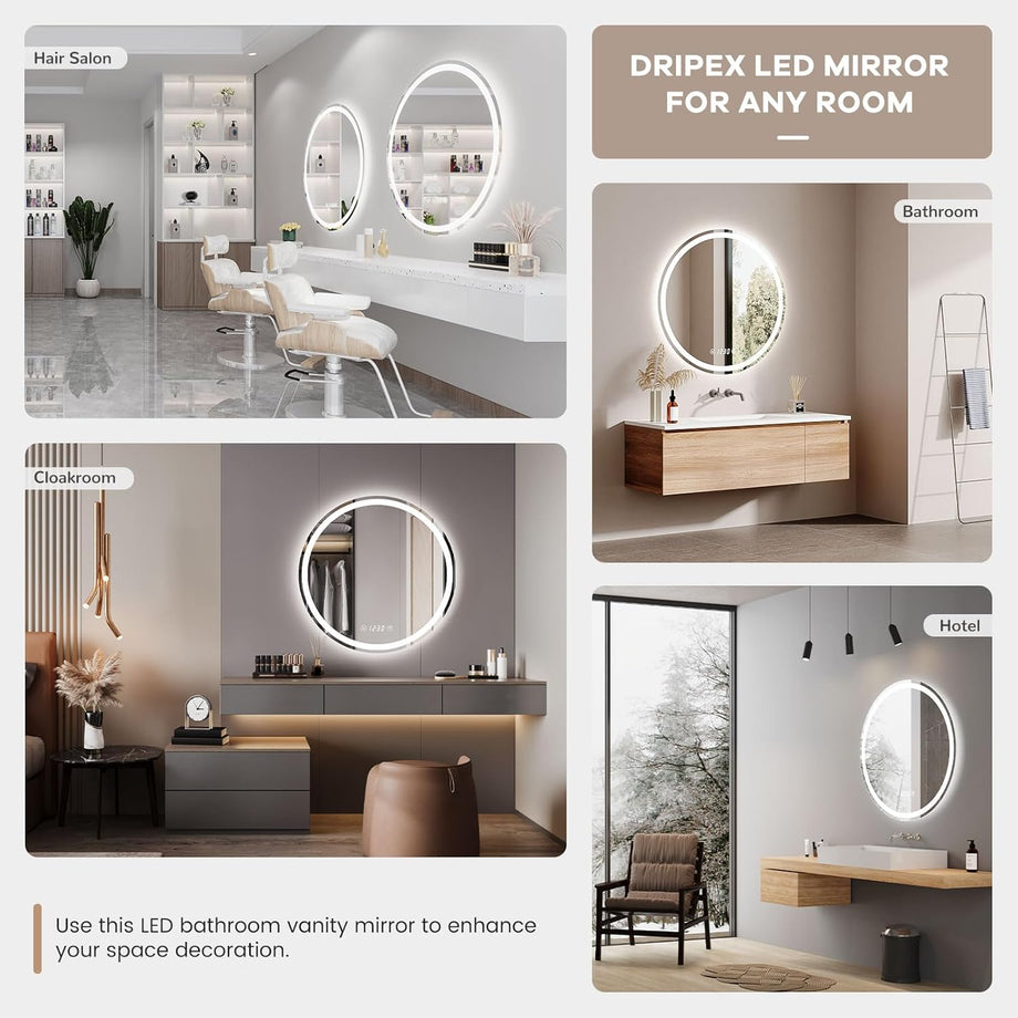 Dripex Time Display Round Bathroom LED Mirror, Illuminated Wall Mounted Circle LED Bathroom Mirror, Anti-fog, 3 Lighting Modes, Dimmable, Front+Backlit, IP4