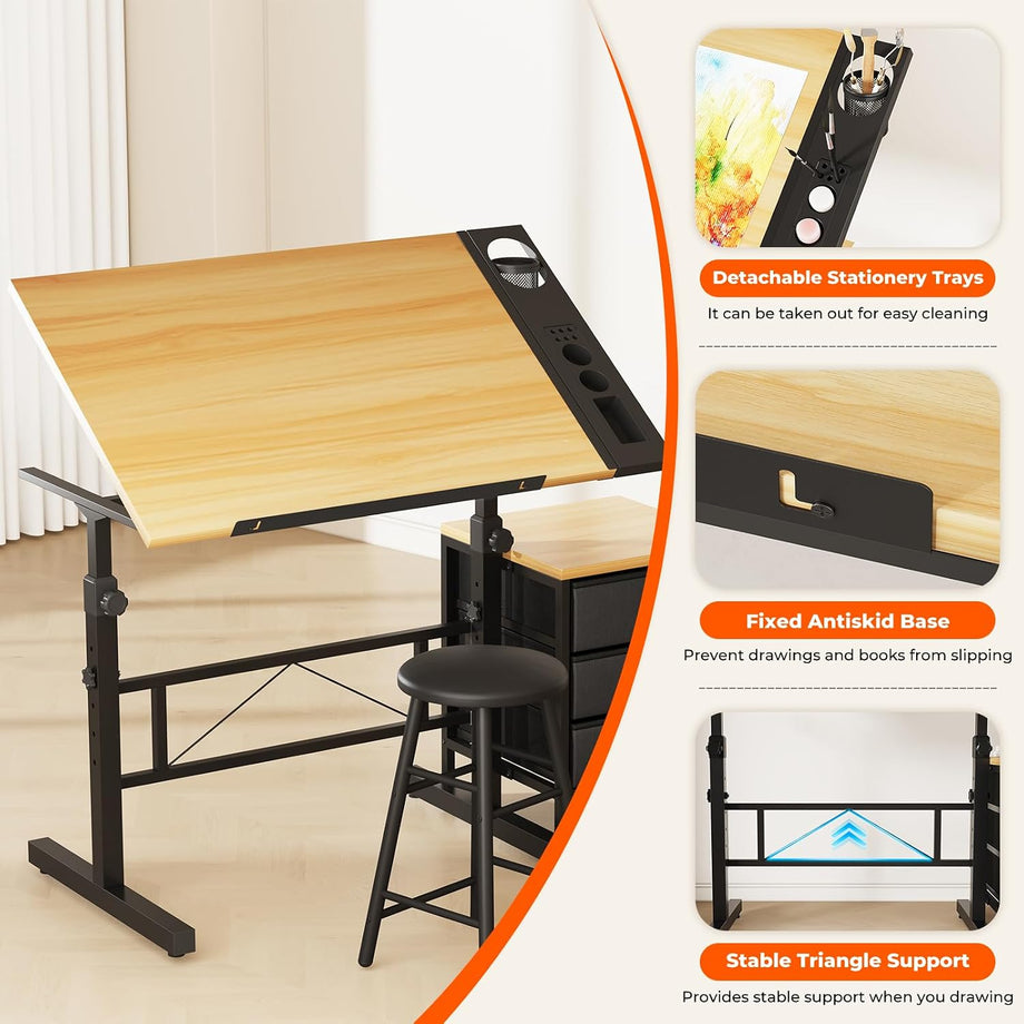 Dripex Adjustable Drafting Table, Tiltable Drawing Table with Stool, Art Craft Desk with Storage Drawers for Artwork, Computer Desk for Reading, Writing and Working at Home/Office