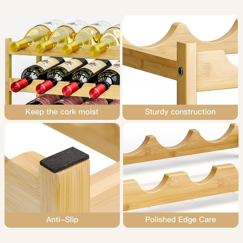 Dripex Bamboo Wine Rack, 12 Bottles Wine Holder Storage Shelf, 3-Tier Small Freestanding Bottle Wine Rack for Countertop, Kitchen, Bar, Cellar (40D x 22W x 32H cm)