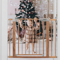 Dripex Stair Gate for Baby and Pet, Safety Pressure Fit, Metal Doors Stairs, Adjustable 75cm - 82cm, Auto Close Gate, One-Handed Operation-Wood Pattern Color
