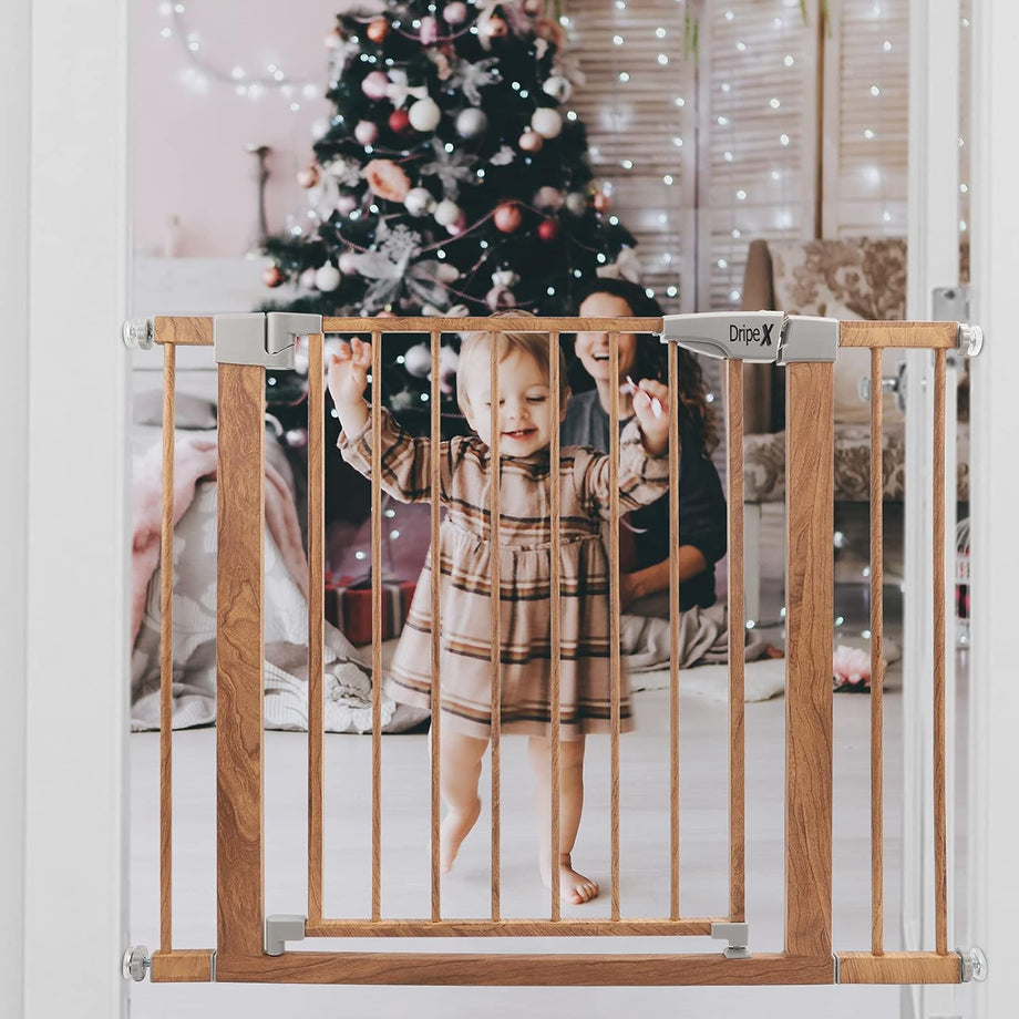 Dripex Stair Gate for Baby and Pet, Safety Pressure Fit, Metal Doors Stairs, Adjustable 75cm - 82cm, Auto Close Gate, One-Handed Operation-Wood Pattern Color