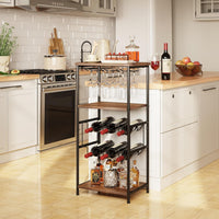 Dripex Wine Rack Free Standing Floor with Glass Holder, Storage Shelves, 2-Tier 6 Bottles Wine Display Shelves with Wooden Table Top, Sturdy Metal Bottle Holder for Kitchen Bar Pantry