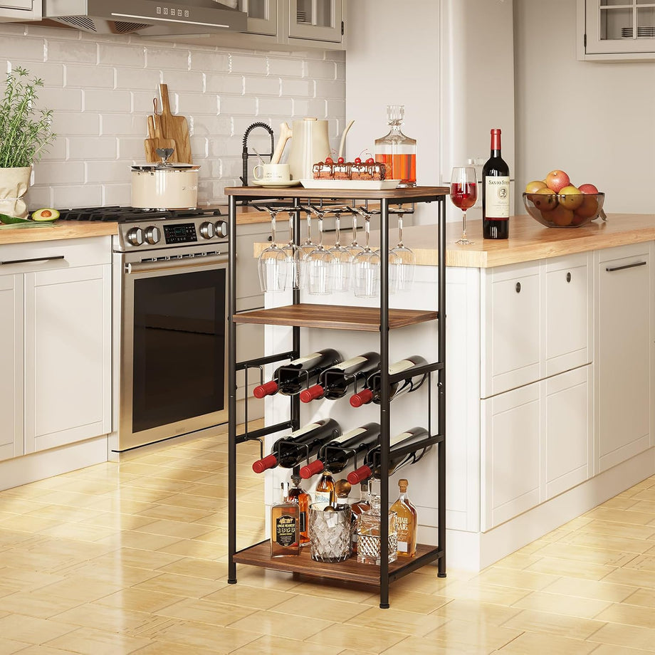 Dripex Wine Rack Free Standing Floor with Glass Holder, Storage Shelves, 2-Tier 6 Bottles Wine Display Shelves with Wooden Table Top, Sturdy Metal Bottle Holder for Kitchen Bar Pantry