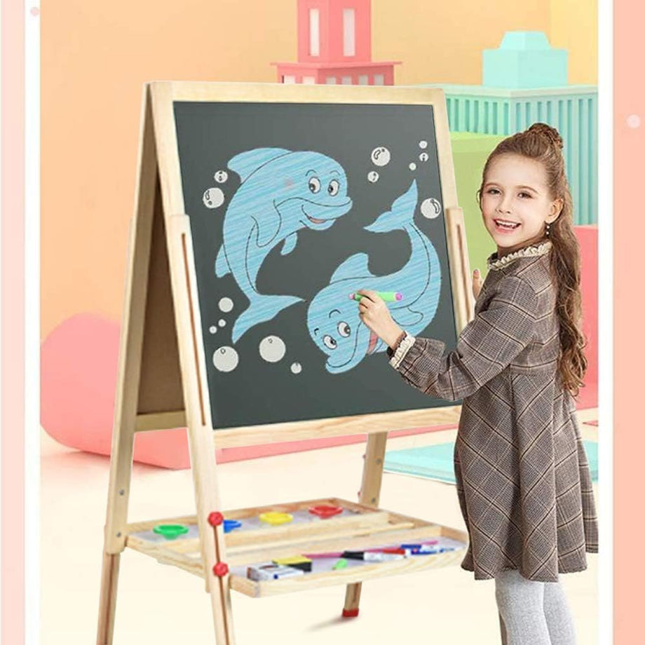 Dripex 55 x 55cm/65 x 65cm Kid’s Wooden Art Easel, Double-Sided Height Adjustable Painting Blackboard with Magnetic Accessories Chalk and Sponge for Toddlers and Kids