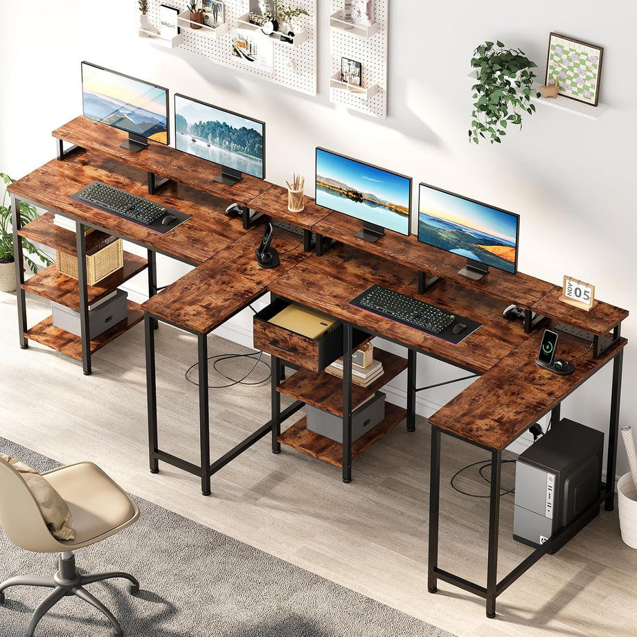 Dripex L Shaped Desk with Power Outlet Corner Computer Desk with Storage Shelves & Fabric Drawer, Study Writing Table Gaming Desk for Home Office L120 x W80 x H88cm