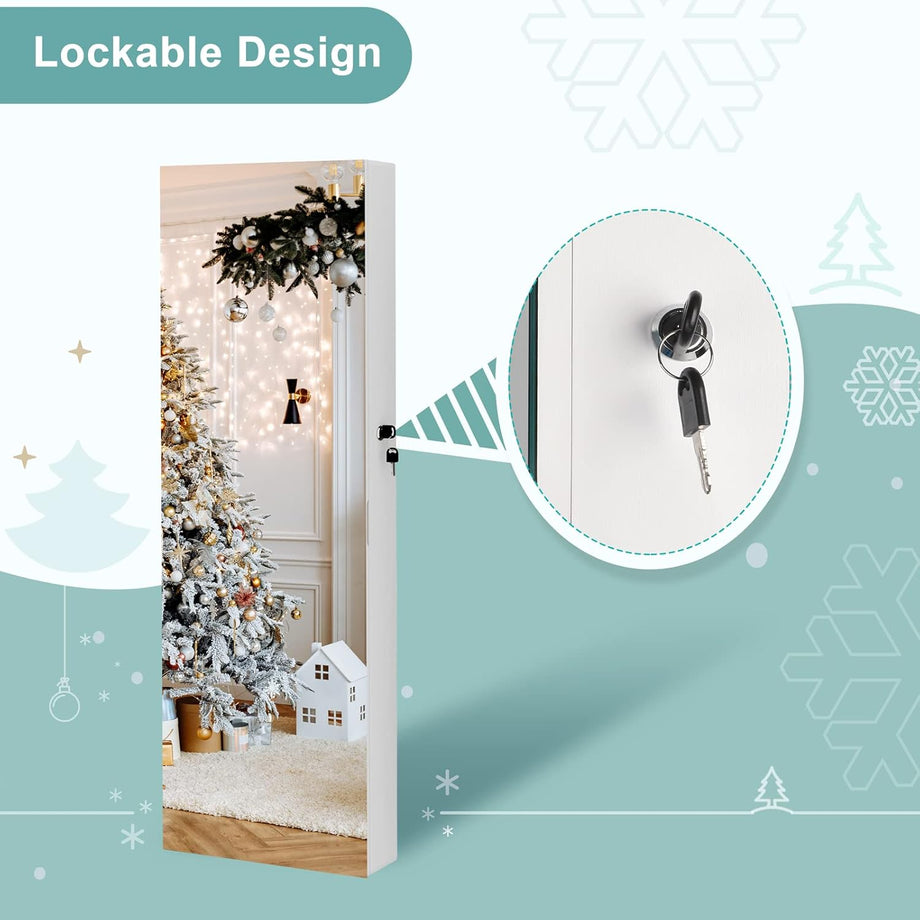 Dripex White Jewelry Organiser Mirror Wardrobe, Wall Mounted & Door Hanging Mirror, Lockable Jewelry Wardrobe with Large Storage