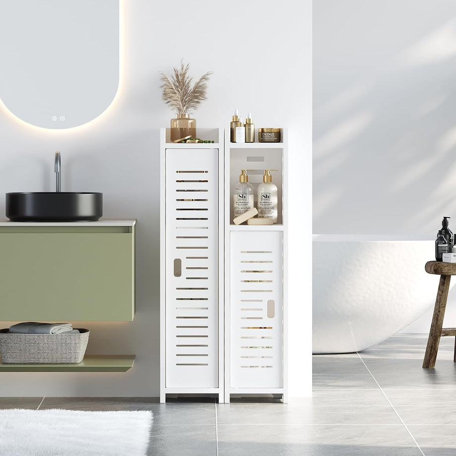 Dripex 4 Tier Bathroom Floor Cabinet, 18W x 20D x 80H cm, Slim White Storage Cabinet with Door, Narrow Free Standing Cupboards Adjustable Shelves for Bathroom or Bedroom