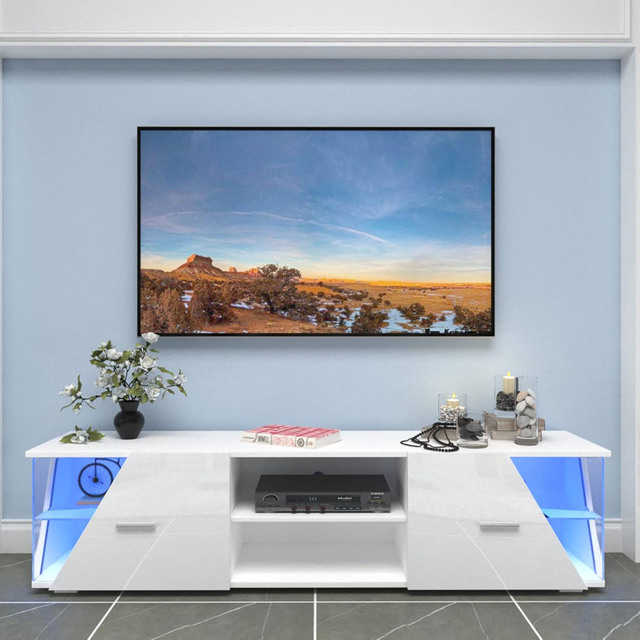 Dripex 150cm High Gloss TV Cabinet Stand, Modern TV Unit with LED light Entertainment Unit Cupboard with Storage Furniture for Living Room Bedroom for 32 40 43 50 55 60 65 inch 4k TV, White