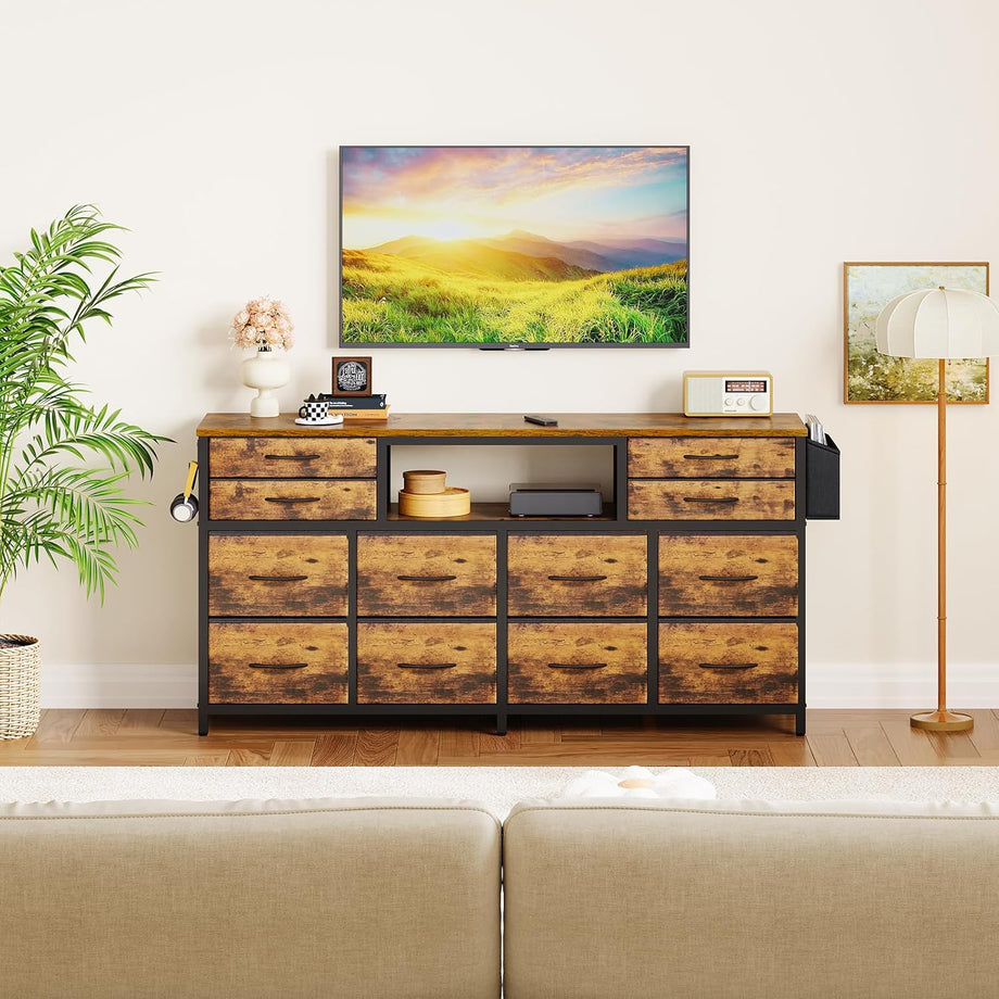 Dripex 140 x 35 x 70cm TV Cabinet Stand Unit for TVs up to 65 Inches with 12 Drawers Storage Organizers and Open Shelves with RGB LED Lighted TV Gaming Entertainment Center for Living Room