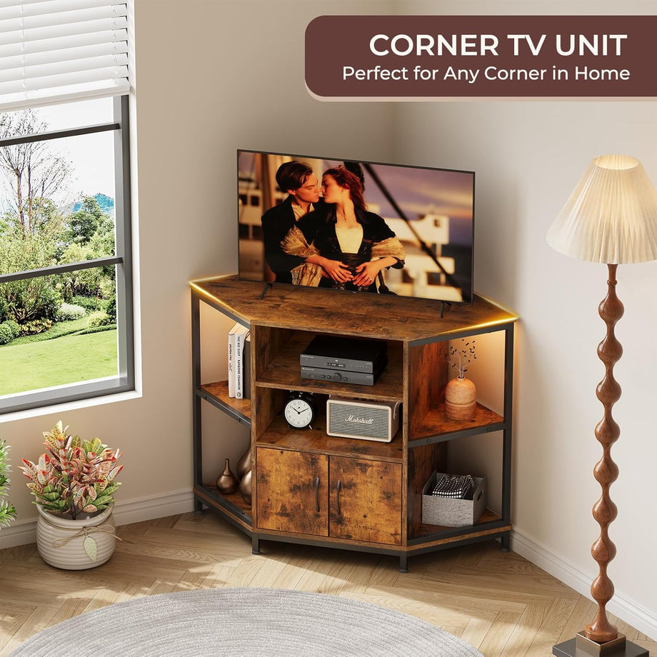 Dripex 105 x 50 x 79 cm Vintage Design TV Corner Cabinet with LED Lighting, Corner TV Unit Stand Table with 2 Doors and Shelves Entertainment Center Media Console for Living Room