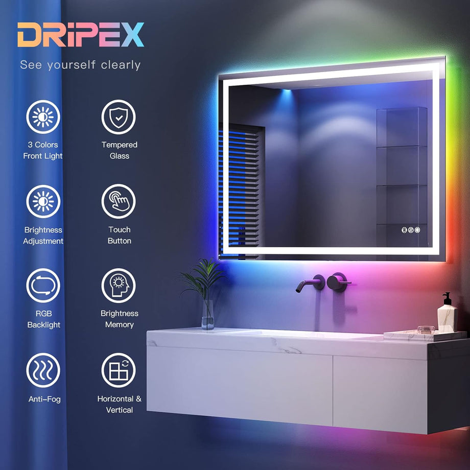 Dripex RGB Bathroom Mirror with 3 LED Lights, Illuminated Bathroom Mirrors Vanity Mirror RGB Backlit + Front Lighted, Dimmable and Demister Pad, Horizontal/Vertical