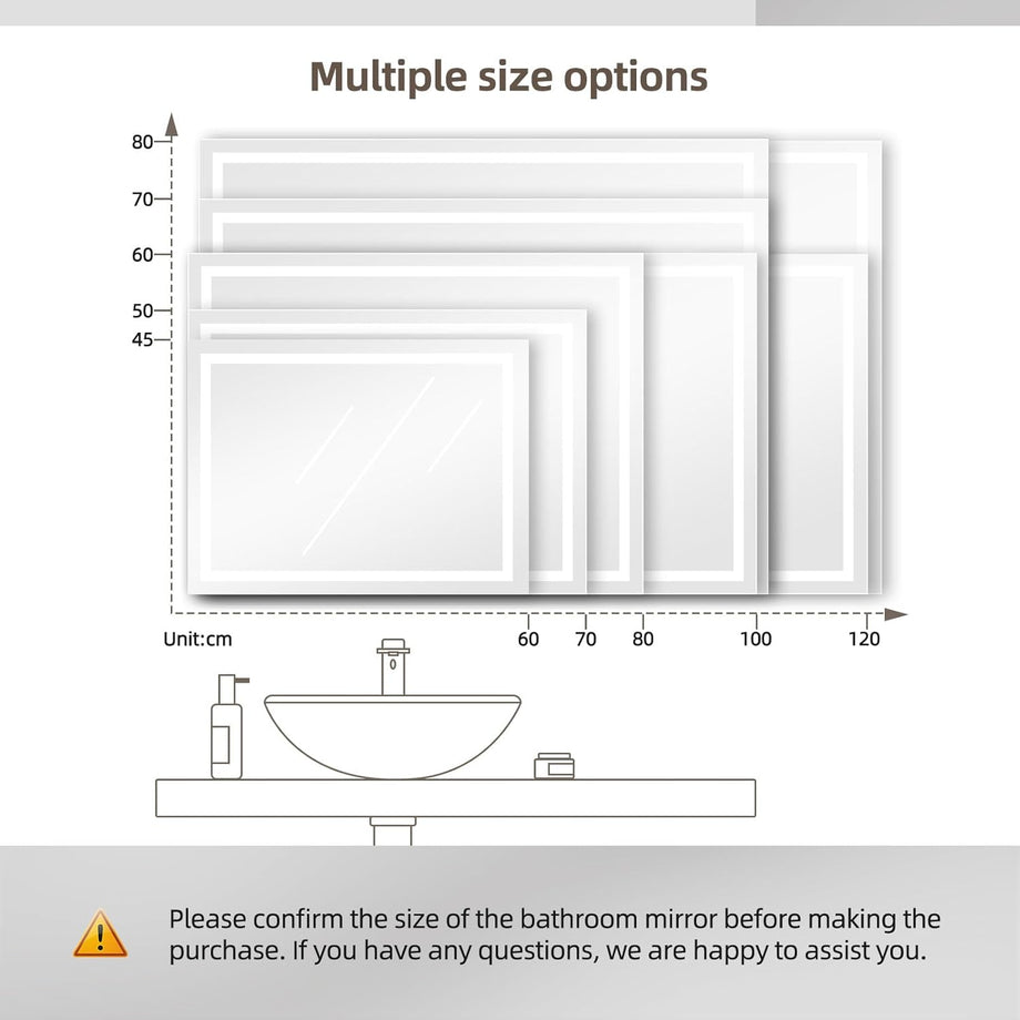 Dripex 3 Colors Bathroom Mirror with LED Lights, Illuminated Backlit Wall Mounted Vanity Mirror Dimmable Switch Demister Pad, Horizontal/Vertical [Energy Class E]
