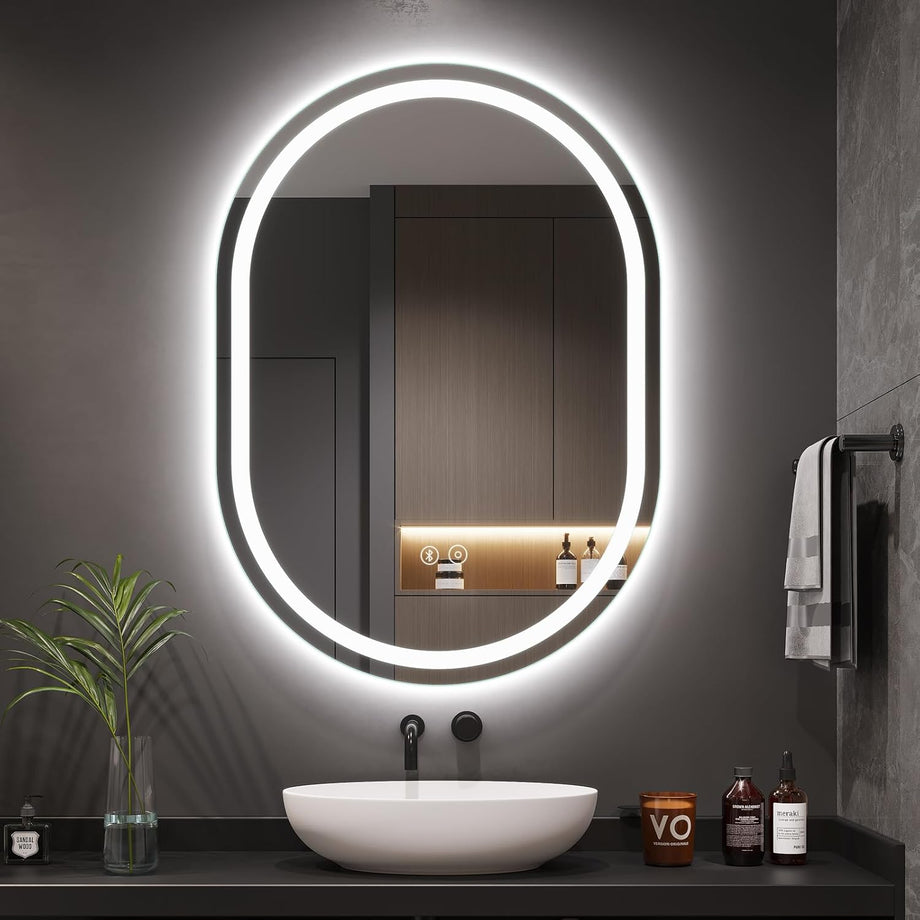 Dripex Bluetooth Oval Bathroom LED Mirror, Illuminated Backlit Wall Mounted Mirror with Demister, Anti-fog, 3 Lighting Modes, Dimming Light, IP44