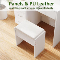 Dripex White Dressing Table with Large Wide Mirror & Soft Stool, Vanity Desk Set with Open Storage Shelves, 4 Wooden Drawers, Makeup Desk, Spacious Storage