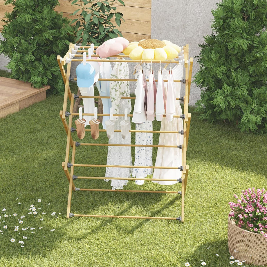 Dripex Clothes Airer, Foldable Clothes Drying Rack, Bamboo Laundry Drying Rack, Freestanding Towels Hanger, Space-Saving, Tool-Free Assembly