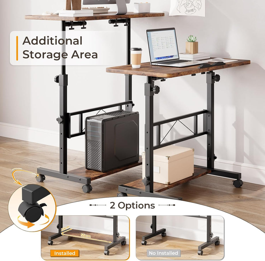 Dripex Height Adjustable Standing Desk, Tiltable Top, Mobile Stand Up Desk with Wheels, 80x40cm Small Rolling Table for Office, Walking Pad, Treadmill
