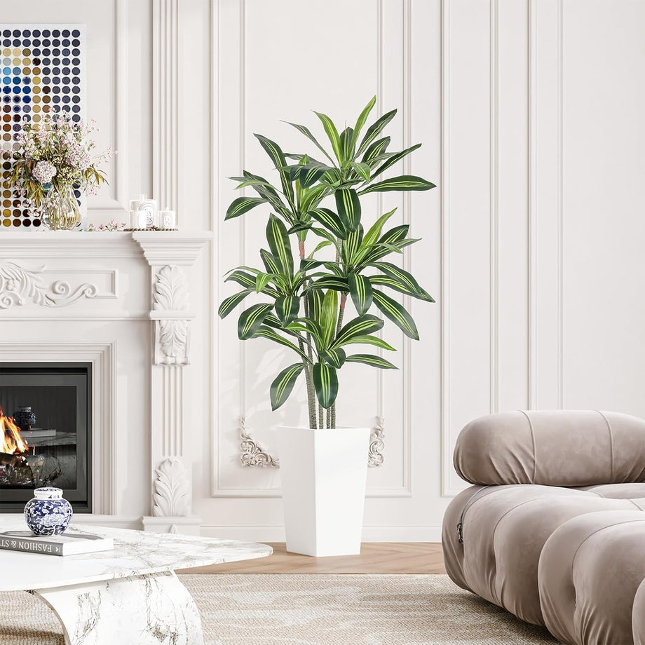 YOLEO 5FT/6FT Artificial Dracaena Tree with White Tall Planter, Lifelike Fake Silk Tree Indoor, Faux Dracaena Tall Plant for Living Room Bedroom Balcony Corner Office Decor