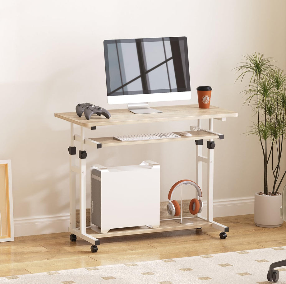 Dripex Computer Desk Mobile, Portable Office Desk with Movable Wheels, Height Adjustable Study Desk, Home Office Desk with Keyboard Tray and Shelf for Small Spaces