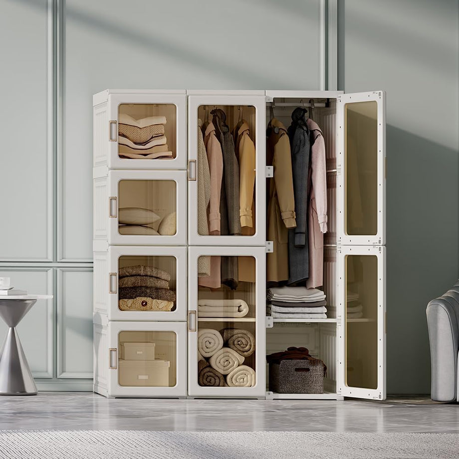 Dripex Portable Wardrobe Closet Storage Organizer Transparent Door Panels, Plastic Wardrobe with Magnetic Door, Suitable for Living Room, Bedroom, Easy Assembly