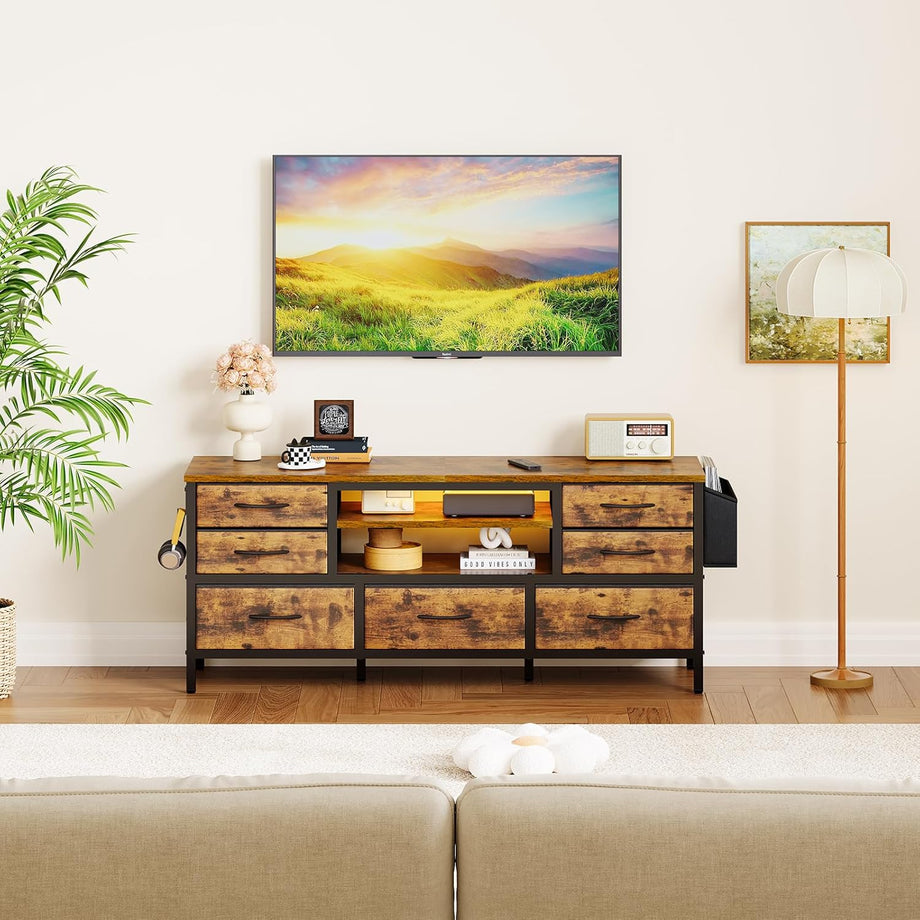 Dripex 120 x 35 x 50cm TV Cabinet Stand Unit for TVs up to 55 Inches with 7 Drawers Storage Organizers and Open Shelves with RGB LED Lighted TV Gaming Entertainment Center for Living Room