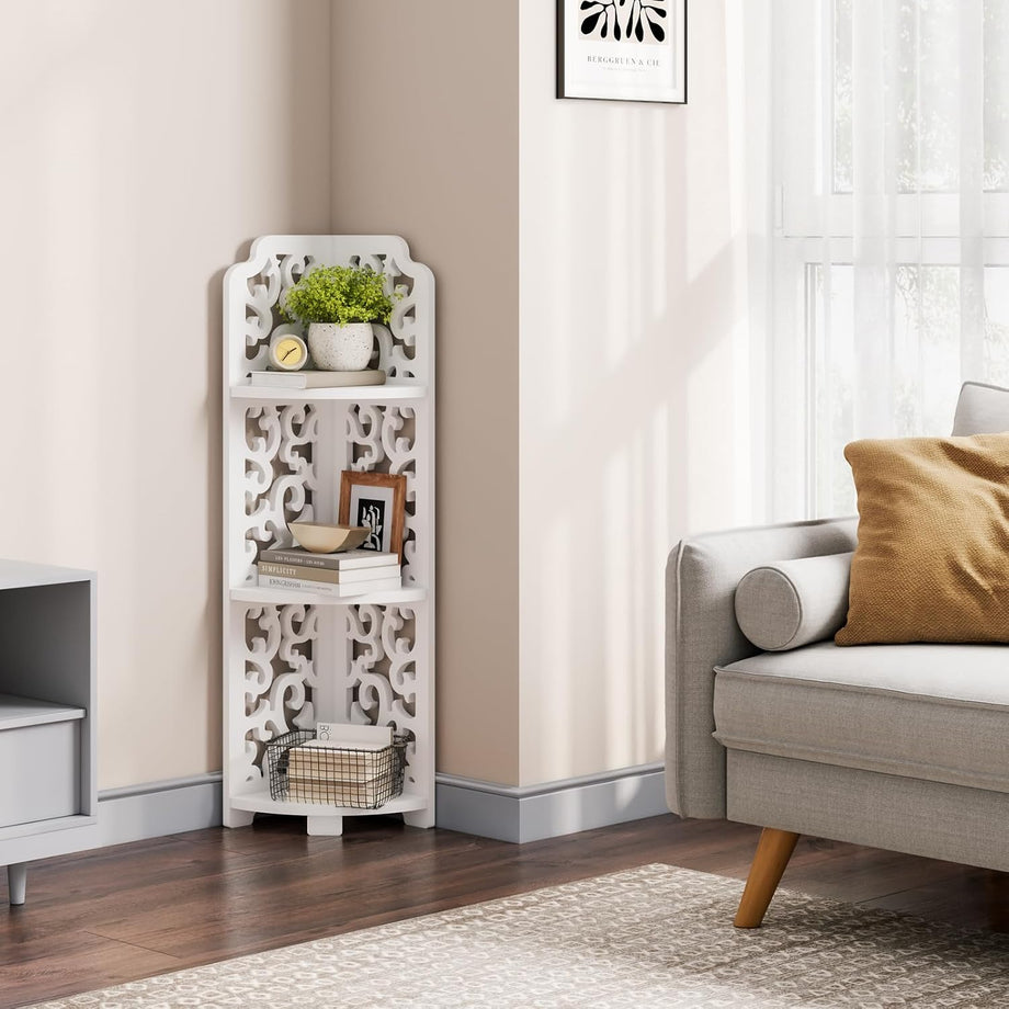 Dripex 3 Tier/4 Tier Baroque White Corner Shelf, Narrow Bathroom Shelves for Small Space, Floor Standing Storage Display Rack for Living Room, Bedroom or Home