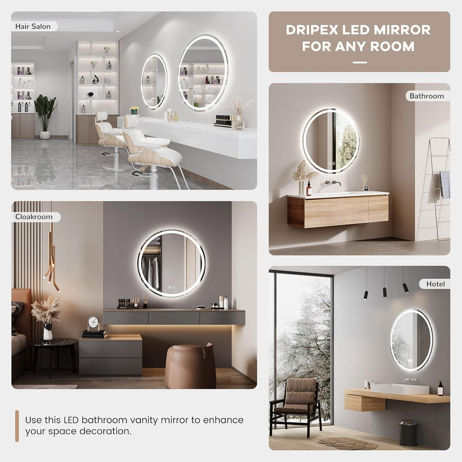 Dripex Bluetooth Round LED Bathroom Mirror, Illuminated Circle Bathroom LED Mirror with Speaker, Anti-fog, Wall Mounted, 3 Lighting Modes, Dimmable, Front+Backlit, IP44