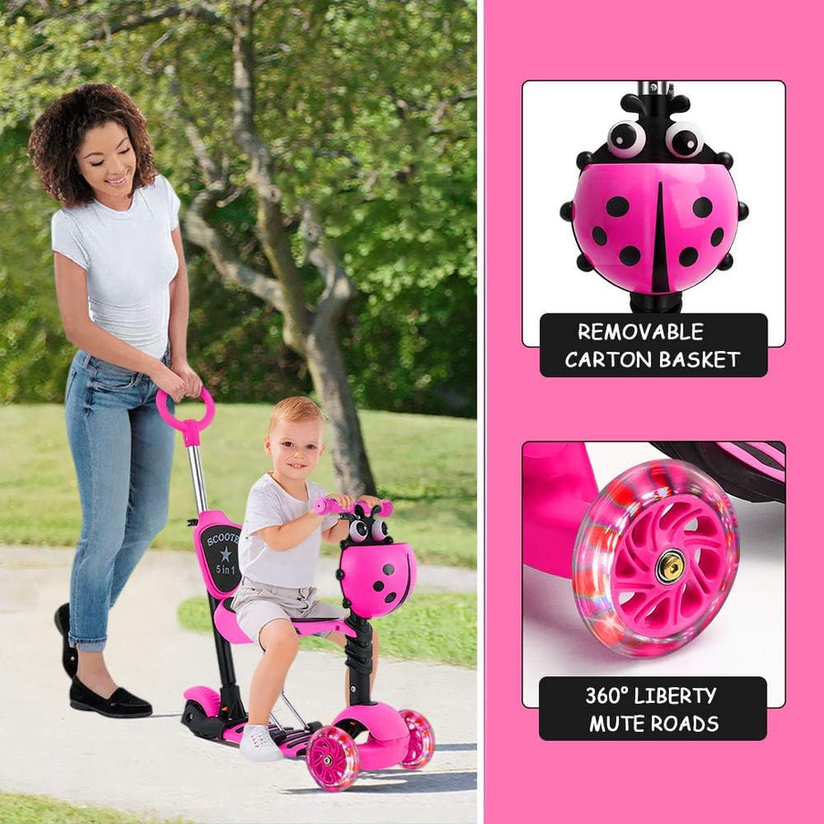 Dripex 5-in-1 Kids Scooter Toddler Scooter with Flashing Led Light Up Wheels 3 Wheels Kick Scooter with Adjustable Handlebar Removable Seat and Push Handle
