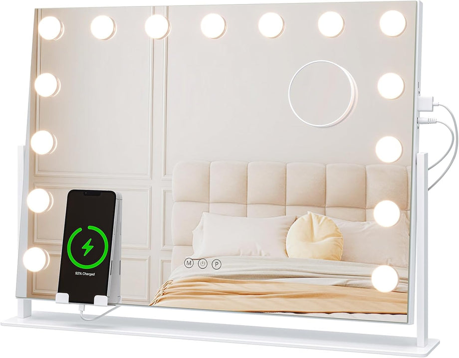 Dripex 14/15 Dimmable LED Bulbs Rotatable Hollywood Vanity Mirror with Lights, Large Illuminated Makeup Mirror, 3 Lighting Modes, Phone Holder, Titing Hollywood Mirror for Bedroom