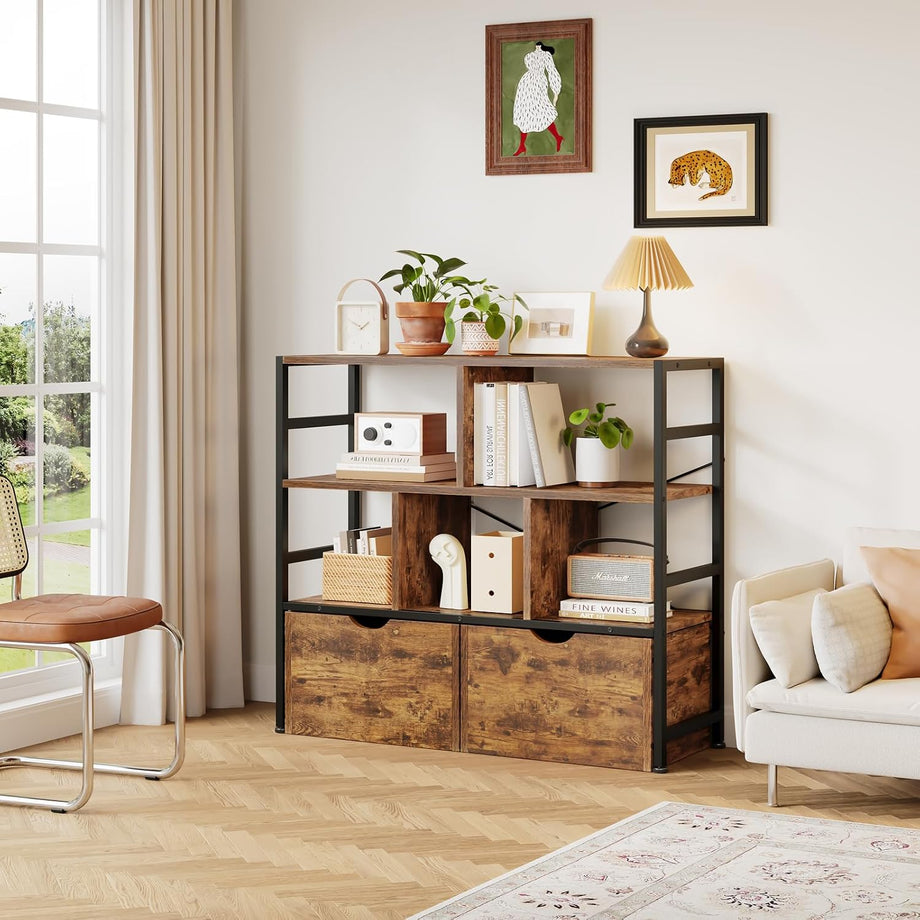 Dripex 4 Tier Wooden Rustic Brown Standing Shelves, 100D x 33W x 90H cm, 5 Compartments & 2 Drawers with Swivel Casters，Display Storage Shelf with Steel Frame, Low Bookcase for Living Room or Office