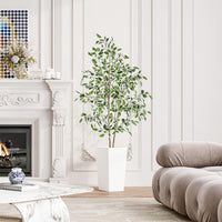 YOLEO 5FT Artificial Ficus Tree with White Tall Planter, Lifelike Fake Silk Tree Indoor, Faux Ficus Tall Plant for Living Room Bedroom Balcony Corner Office Decor