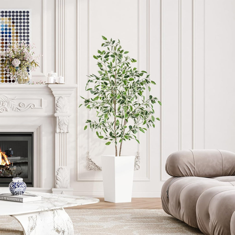 YOLEO 5FT Artificial Ficus Tree with White Tall Planter, Lifelike Fake Silk Tree Indoor, Faux Ficus Tall Plant for Living Room Bedroom Balcony Corner Office Decor
