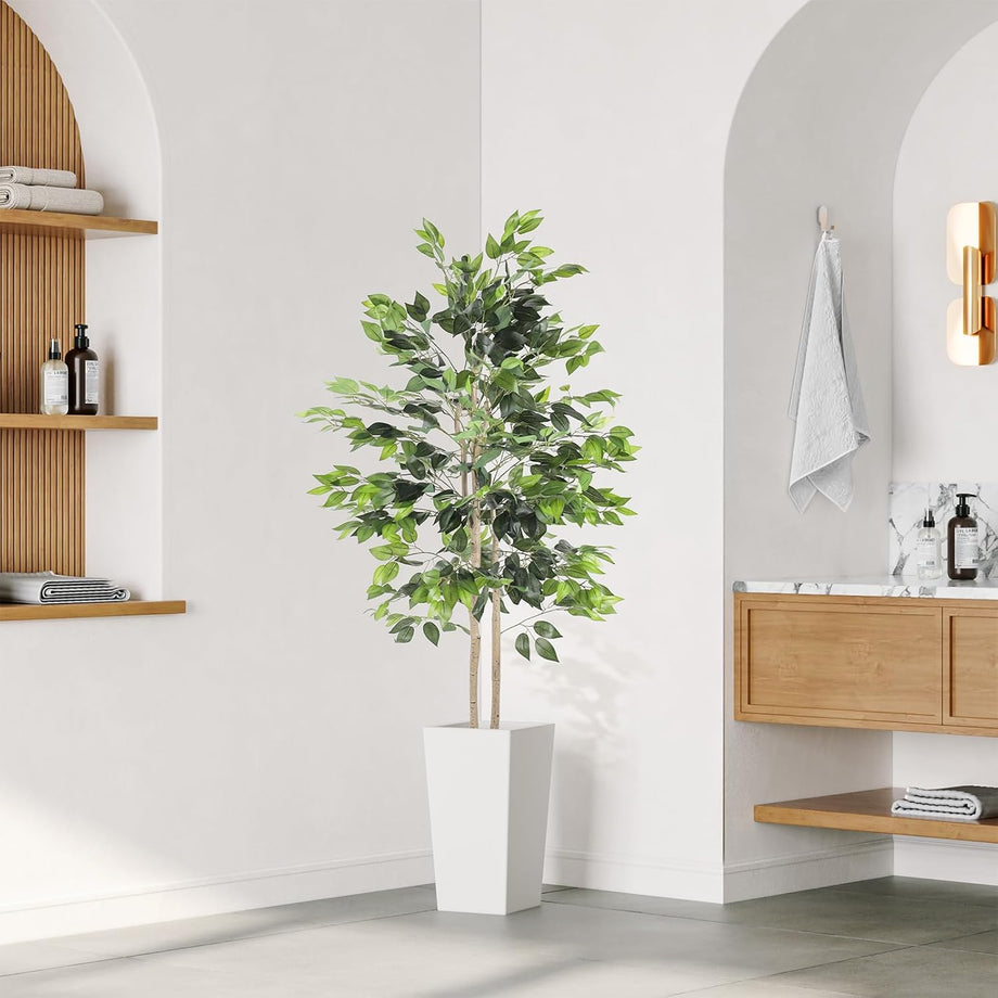 YOLEO 5FT/6FT Artificial Ficus Tree with White Tall Planter, Lifelike Fake Silk Tree Indoor, Faux Ficus Tall Plant for Living Room Bedroom Balcony Corner Office Decor