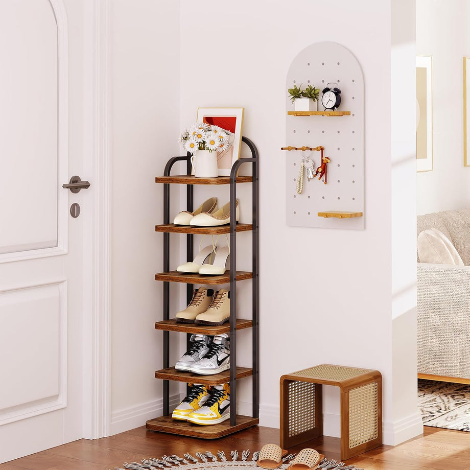 Dripex Adjustable Narrow Shoe Rack Organizer, Space Saving Vertical Tall Shoe Shelf, Sturdy Multifunctional Entryway Hallway Living Room Storage Shelf Rustic Brown