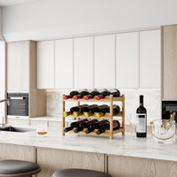 Dripex Bamboo Wine Rack, 12 Bottles Wine Holder Storage Shelf, 3-Tier Small Freestanding Bottle Wine Rack for Countertop, Kitchen, Bar, Cellar (40D x 22W x 32H cm)