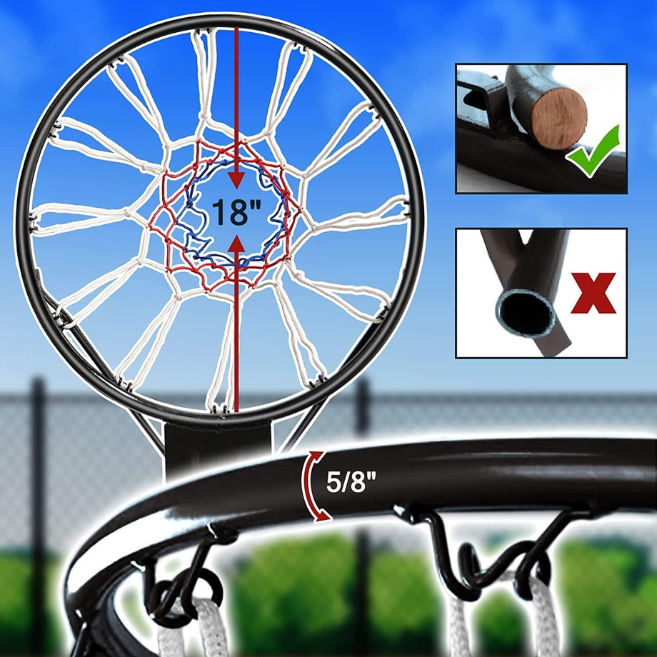Dripex Basketball Rim 18'' (45cm) Full Size Replacement Outdoor Wall Door Mounted with All Weather Net Solid Steel 18 Inch
