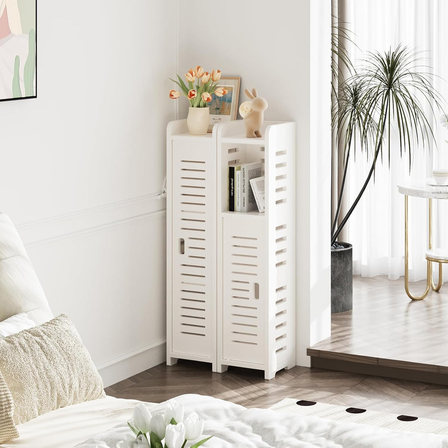Dripex 4 Tier Bathroom Floor Cabinet, 18W x 20D x 80H cm, Slim White Storage Cabinet with Door, Narrow Free Standing Cupboards Adjustable Shelves for Bathroom or Bedroom