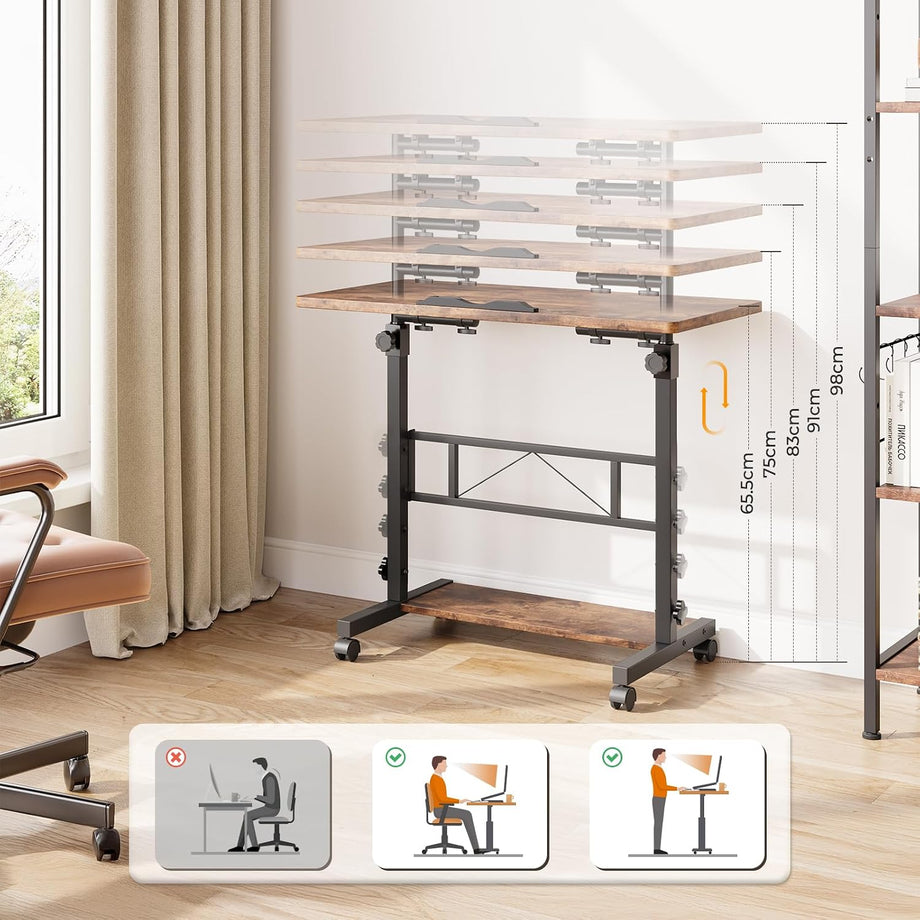 Dripex Height Adjustable Standing Desk, Tiltable Top, Mobile Stand Up Desk with Wheels, 80x40cm Small Rolling Table for Office, Walking Pad, Treadmill
