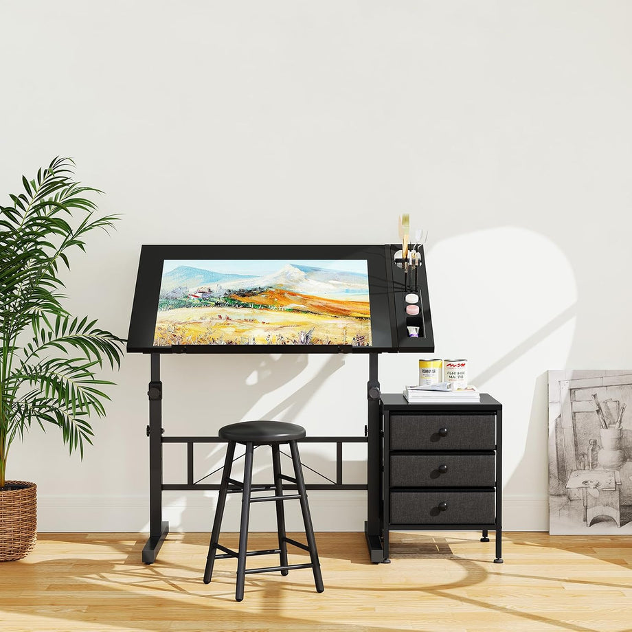 Dripex Adjustable Drafting Table, Tiltable Drawing Table with Stool, Art Craft Desk with Storage Drawers for Artwork, Computer Desk for Reading, Writing and Working at Home/Office