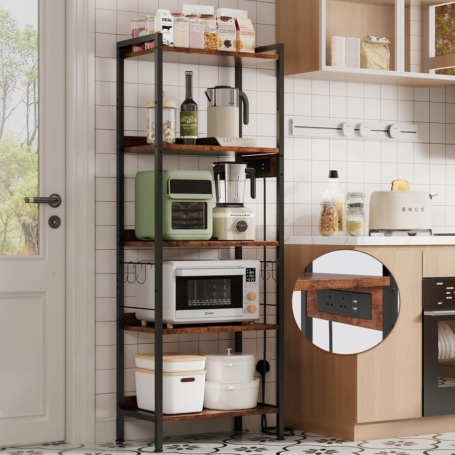 Dripex Baker's Rack with/without power outlet, 65" Freestanding Kitchen Storage Shelf Unit with Hooks, 5-Tier Versatile Standing Bookshelf for Home, Kitchen, Living Room