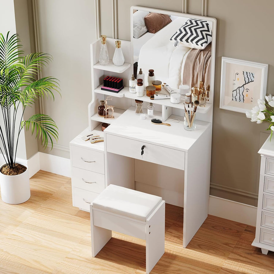 Dripex White Dressing Table with Large Wide Mirror & Soft Stool, Vanity Desk Set with Open Storage Shelves, 4 Wooden Drawers, Makeup Desk, Spacious Storage